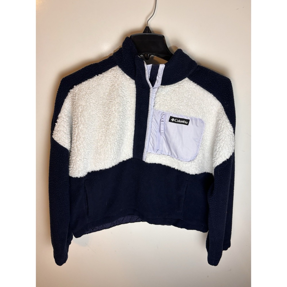 Columbia Women's Sherpa Fleece Pullover Jacket XL Relaxed Fit Blue And White
